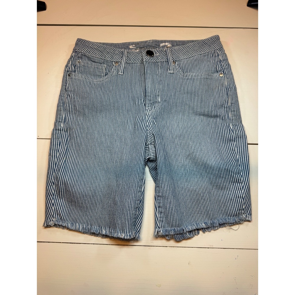 Seven7 Sunset Bermuda Shorts Womens 6 Blue White Hickory Stripe Frayed Hem Denim